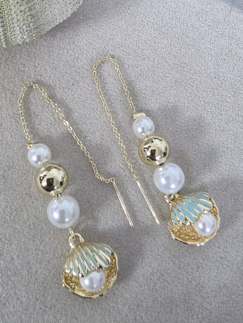 Gold Filled Seashell Pearl Drop Threader Earrings Mermaid Coastal Clamshell